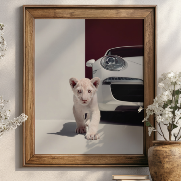 White Lion Cub Meets Porsche